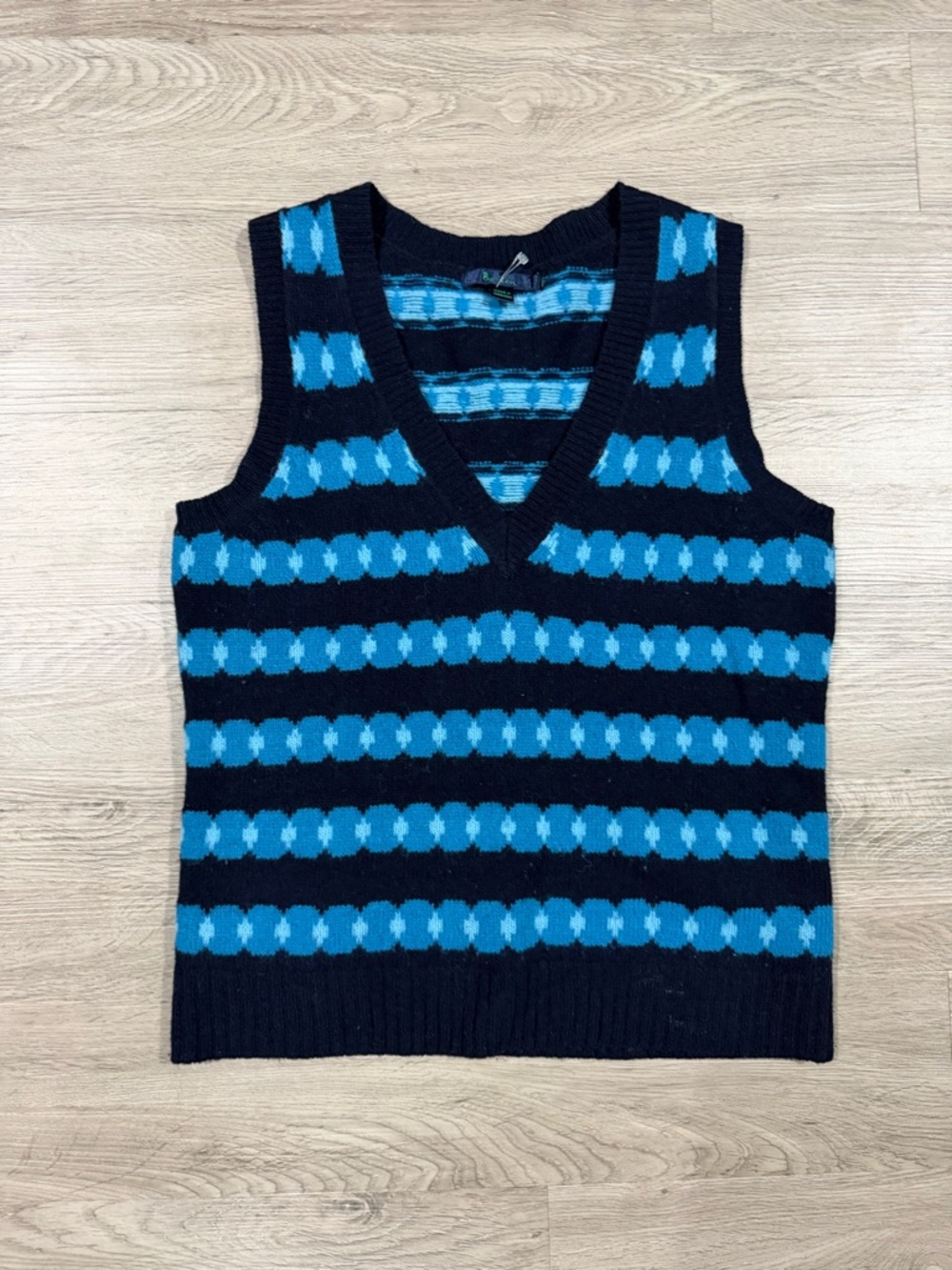 Boden Wool Navy and Aqua Patterned V-Neck Sweater Vest